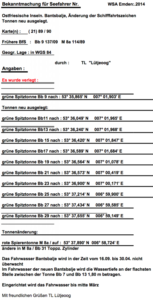 Fahrwasser Tonnen neu ausgelegt Bantsbalje